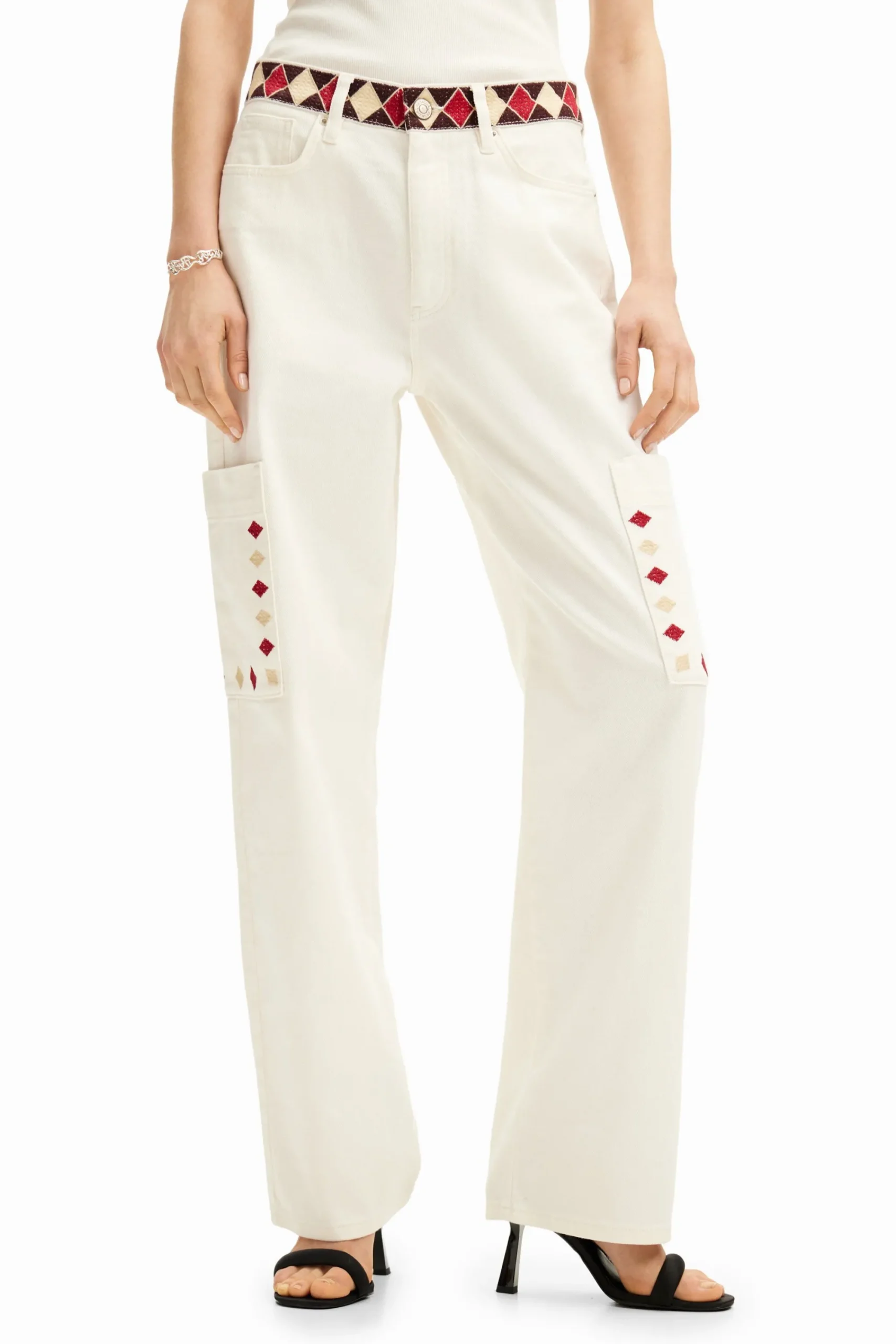 Jeans|Calças<Desigual Calça jeans cropped com bordas em losangos.