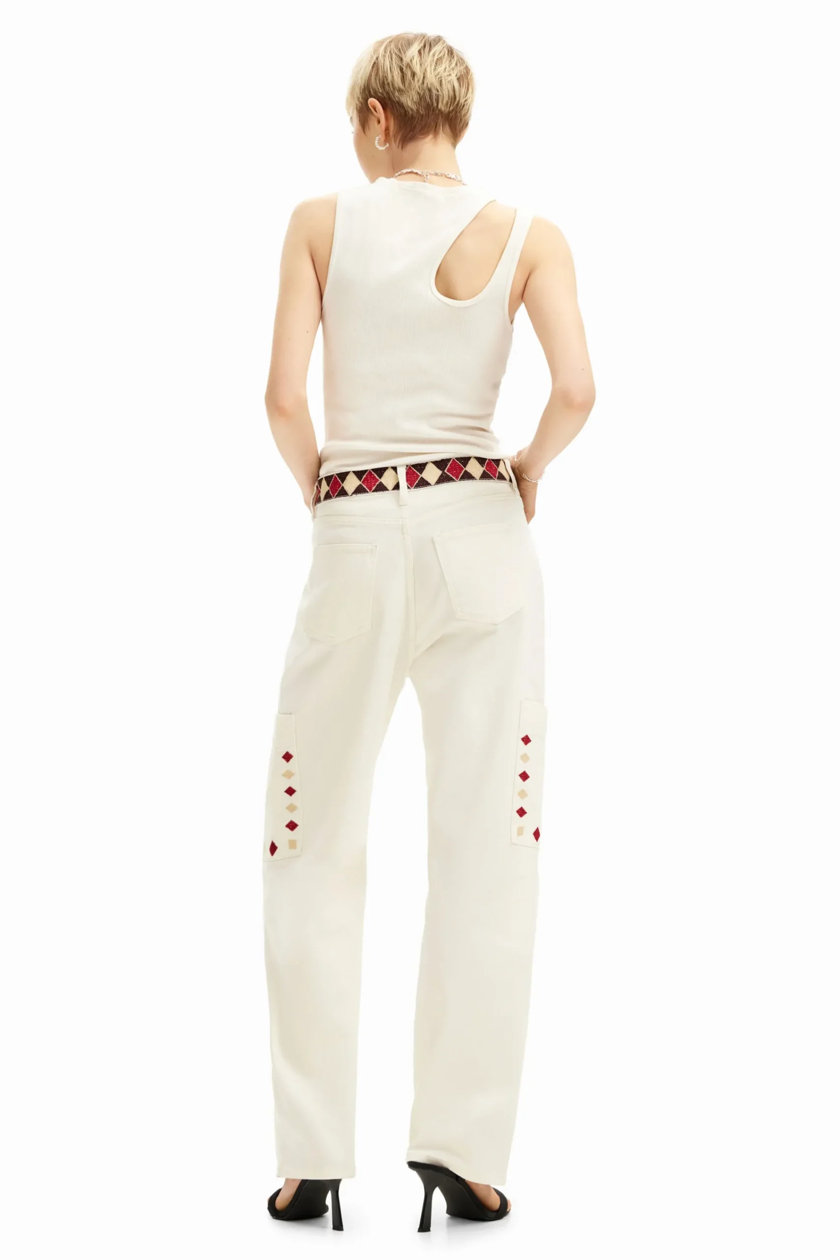 Jeans|Calças<Desigual Calça jeans cropped com bordas em losangos.