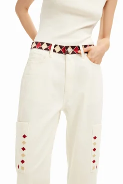Jeans|Calças<Desigual Calça jeans cropped com bordas em losangos.