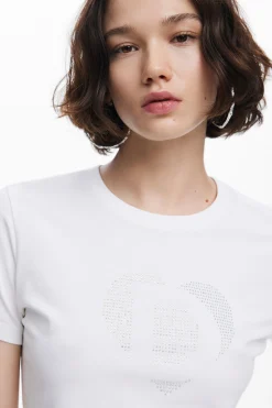 Camisas E Blusas|T-shirts<Desigual Camiseta com imagotipo em strass