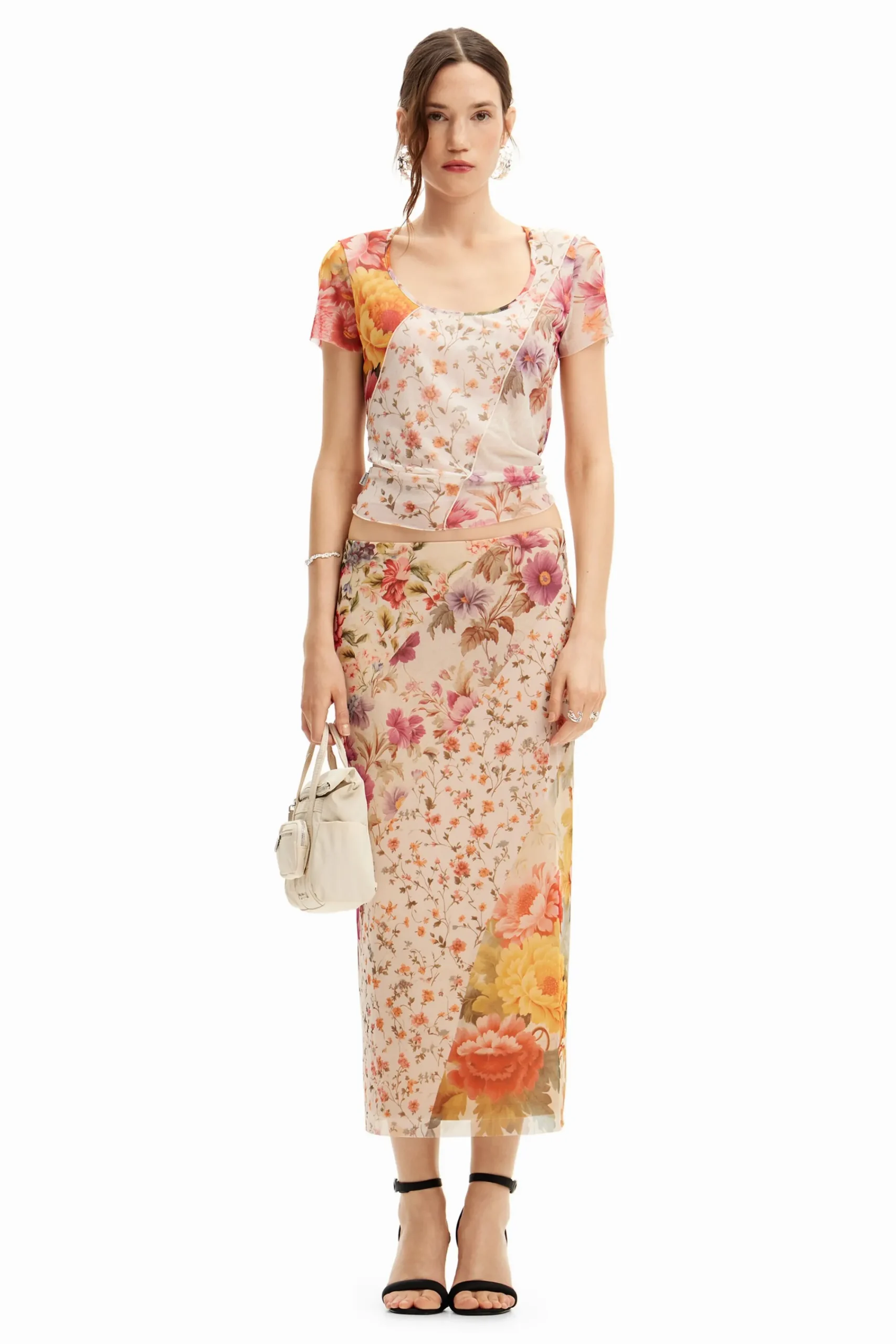 Camisas E Blusas|T-shirts<Desigual Camiseta de tul com flores
