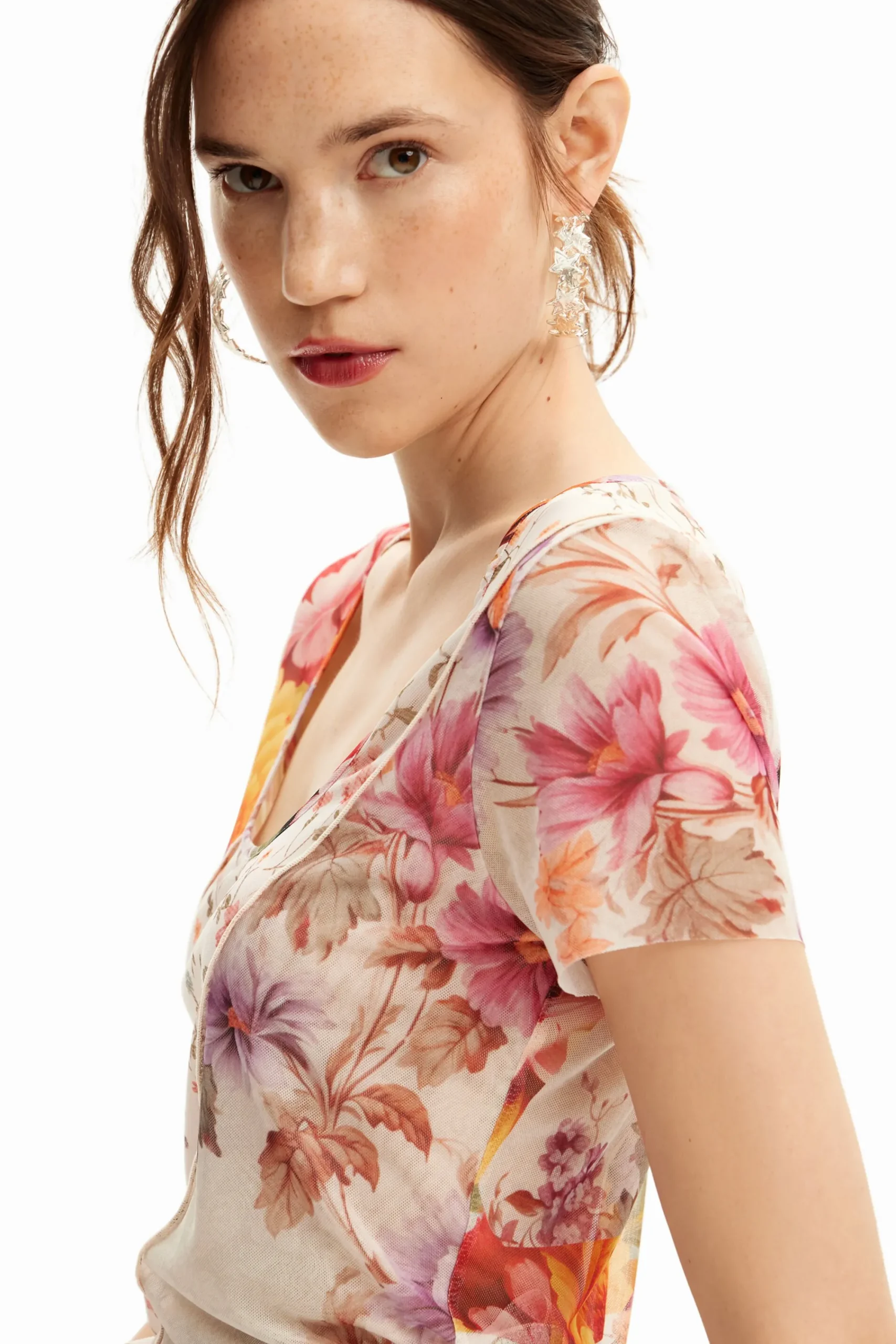 Camisas E Blusas|T-shirts<Desigual Camiseta de tul com flores