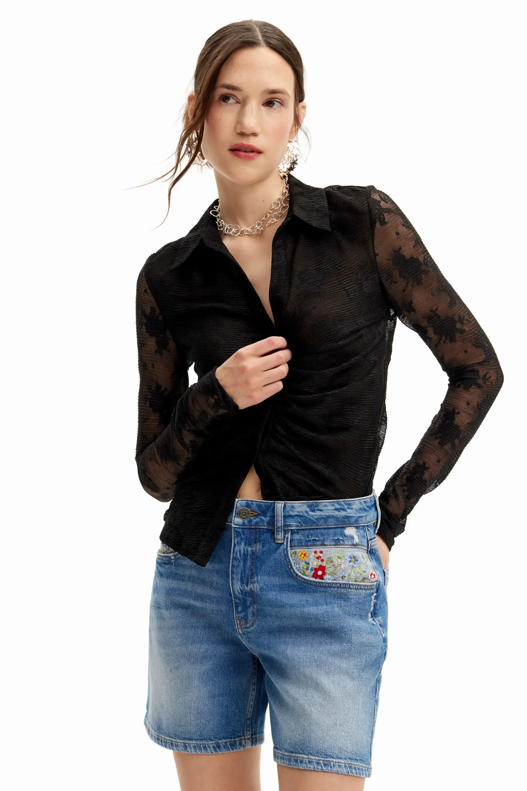 Saias E Shorts|Jeans<Desigual Shorts de denim bordados
